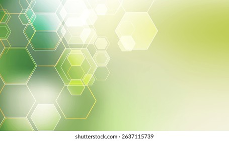 Futuristic abstract background with glowing green and yellow hexagons on a soft gradient backdrop. Ideal for tech presentations, eco-themed projects, or innovation concepts.