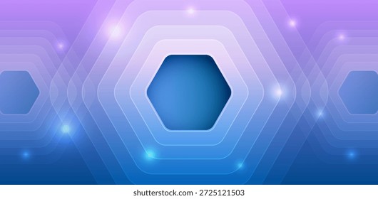 Fondo abstracto futurista con Formas hexagonales brillantes, gradiente suave de azul a púrpura, efectos de luz y líneas geométricas modernas. Perfecto para temas de tecnología, digital e innovación.