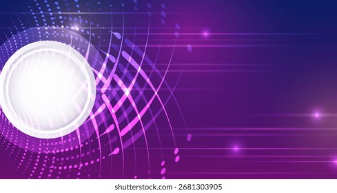 Futuristic abstract background with glowing purple and pink lines, circular light effects, and digital dots. Ideal for technology, sci-fi, and modern design projects.