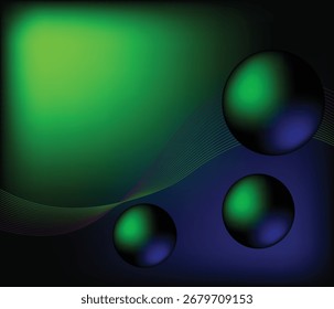 Futuristischer abstrakter Hintergrund mit grünblauen Neon-Farbverlauf-Kugeln und Wellenlinien