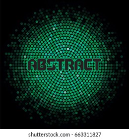 Futuristic abstract background with green mosaic and inscription.