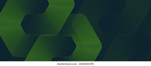 Futuristic abstract background with layered green hexagonal lines on a dark backdrop, creating a modern and technological design
