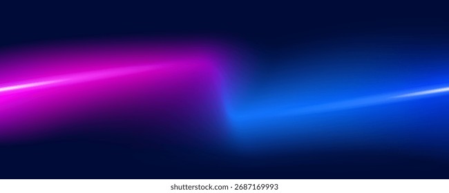 Fondo abstracto futurista. Línea brillante de neón sobre fondo negro. Colores rosa y azul. Ilustración vectorial.