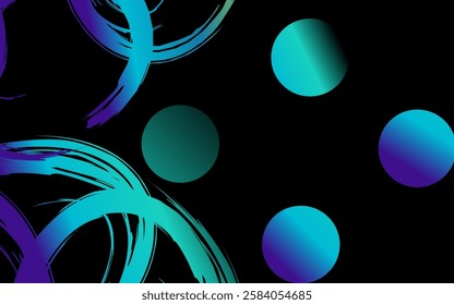 Futuristic abstract background with neon gradient circles and dynamic line patterns on black background. Suitable for modern, digital and technology designs.
