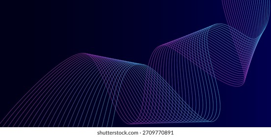 Fondo abstracto futurista con líneas de onda de gradiente de neón sobre un fondo azul oscuro. Diseño moderno de tecnología digital adecuado para Anuncios, presentaciones, Sitios web, carteles y gráficos UI.
