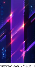 Futuristic abstract background with neon pink and blue geometric shapes and glowing light streaks on dark purple for sci fi technology and digital cyberpunk design