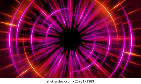 Futuristic abstract background with a radial burst of light and energy, dynamics emanating from the center. Speed. Red, purple and pink light rays emit and create glowing particle effects.
