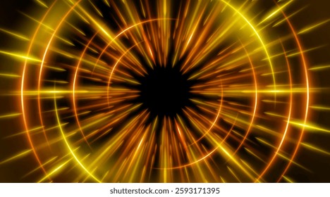 Futuristic abstract background with a radial burst of light and energy, dynamics emanating from the center. Speed. Orange, yellow light rays emit and create glowing particle effects.