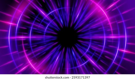 Futuristic abstract background with a radial burst of light and energy, dynamics emanating from the center. Speed. Blue, purple and pink light rays emit and create glowing particle effects.