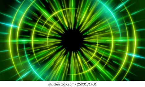 Futuristic abstract background with a radial burst of light and energy, dynamics emanating from the center. Speed. Blue, purple and pink light rays emit and create glowing particle effects.