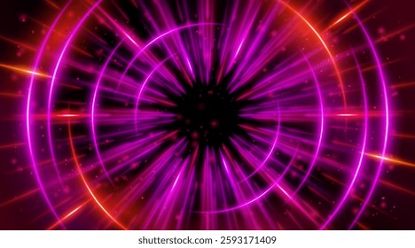 Futuristic abstract background with a radial burst of light and energy, dynamics emanating from the center. Speed. Red, purple and pink light rays emit and create glowing particle effects.