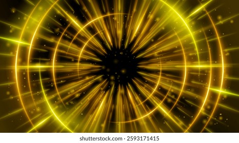 Futuristic abstract background with a radial burst of light and energy, dynamics emanating from the center. Speed. Orange, yellow light rays emit and create glowing particle effects.