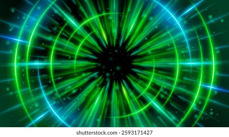 Futuristic abstract background with a radial burst of light and energy, dynamics emanating from the center. Speed. Blue, Green light rays emit and create glowing particle effects.