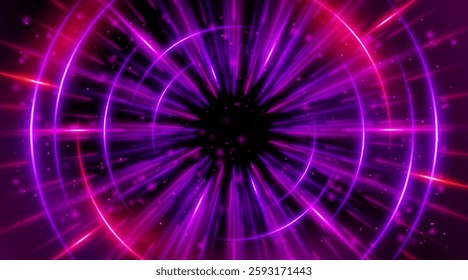 Futuristic abstract background with a radial burst of light and energy, dynamics emanating from the center. Speed. Red, purple and pink light rays emit and create glowing particle effects.