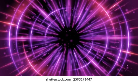 Futuristic abstract background with a radial burst of light and energy, dynamics emanating from the center. Speed. Red, purple and pink light rays emit and create glowing particle effects.