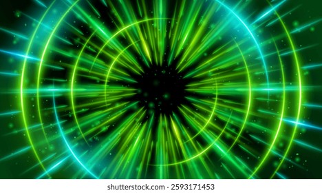 Futuristic abstract background with a radial burst of light and energy, dynamics emanating from the center. Speed. Blue, Green light rays emit and create glowing particle effects.