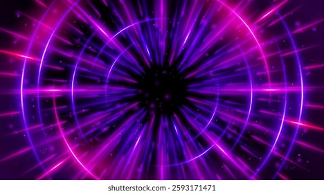 Futuristic abstract background with a radial burst of light and energy, dynamics emanating from the center. Speed. Blue, purple and pink light rays emit and create glowing particle effects.