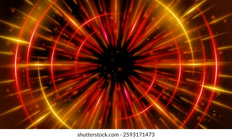 Futuristic abstract background with a radial burst of light and energy, dynamics emanating from the center. Speed. Red, orange and yellow light rays emit and create glowing particle effects.