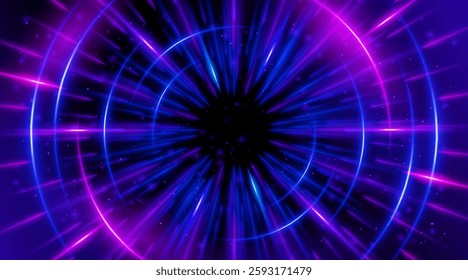 Futuristic abstract background with a radial burst of light and energy, dynamics emanating from the center. Speed. Blue, purple and pink light rays emit and create glowing particle effects.