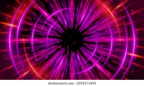 Futuristic abstract background with a radial burst of light and energy, dynamics emanating from the center. Speed. Red, purple and pink light rays emit and create glowing particle effects.