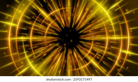 Futuristic abstract background with a radial burst of light and energy, dynamics emanating from the center. Speed. Orange, yellow light rays emit and create glowing particle effects.