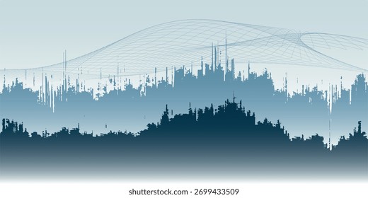 A futuristic abstract background with a stylized blue cityscape or mountain range and a flowing digital mesh wave over it.