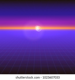 Futuristic abstract background with the sun on the horizon. Sci fi violet retro gradient, vintage style of the 80s. Digital cyber world, virtual surface with neon grids. Vector for design of layout