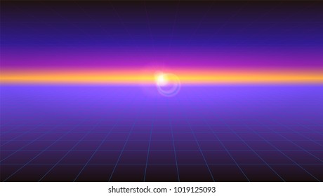 Futuristic abstract background with the sunlight rays on the horizon. Horizontal Sci-fi retro gradient, vintage style of the 80s. Digital cyber world, virtual surface with neon grids