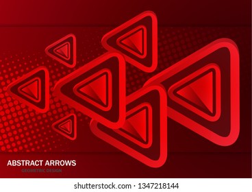 Futuristic abstract background template with arrows from triangles. Bright red geometric design elements for banner, poster, business card. Vector illustration