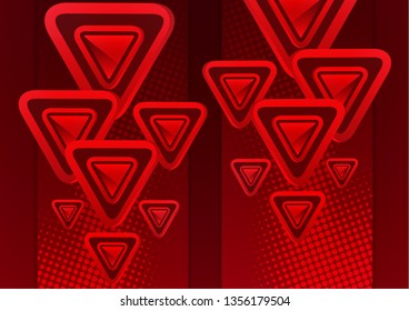 Futuristic abstract background template with arrows from triangles. Bright red geometric design elements for banner, poster, business card. Vector illustration