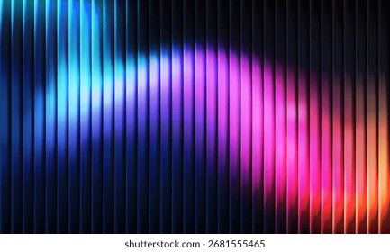 Fondo Abstractas futurista con barras negras de Vertical superpuestas a un patrón de luz de gradiente vibrante. Fondo de gradiente de vidrio de Fractal con líneas de Vertical estriadas. Ideal para tecnología digital, diseño
