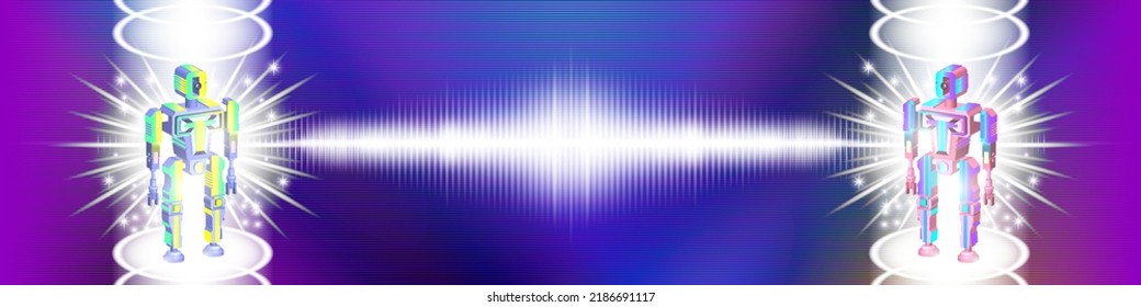 Futuristic abstract banner with 3d robots. Symmetrical glowing diagram. White rays on colored textured background