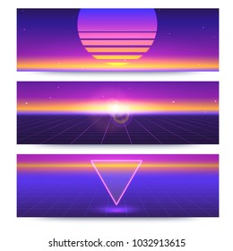 Futuristic abstract banners with the sun on the horizon. Sci fi violet retro gradient, vintage style of the 80s. Digital cyber world, virtual surface with light. 3D illustration for design of layout