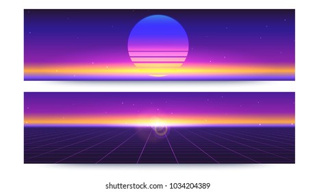 Futuristic abstract banners with the sun rays on the horizon. Sci fi retro gradient, vintage style of the 80s. 3D illustration for design of layout. Digital cyber world, virtual surface with light