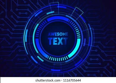 Futuristic abstract blue background with lights and gradients. Circle frame design with place for text. Sci fi technology future innovation concept. For blockchain promo banner. Vector illustration