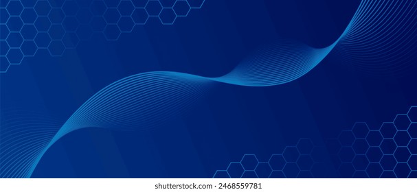 Fondo azul abstracto futurista con línea de onda y hexágonos. Hermosa línea ondulada radiante sobre un fondo azul. Plantilla Horizontal del Anuncio. Abstractas Plantilla futurista. Científico-tecnológico