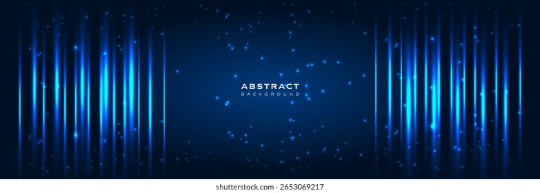Fundo de luz azul abstrato futurista com linhas verticais brilhantes e partículas cintilantes. Tecnologia digital moderna ou conceito de ficção científica, perfeito para banners, apresentações ou design gráfico