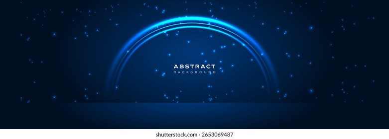 Fundo de luz azul abstrato futurista com linhas de arco brilhantes e partículas cintilantes em fundo escuro. Perfeito para tecnologia, ficção científica, conceitos digitais, apresentações ou design gráfico moderno.