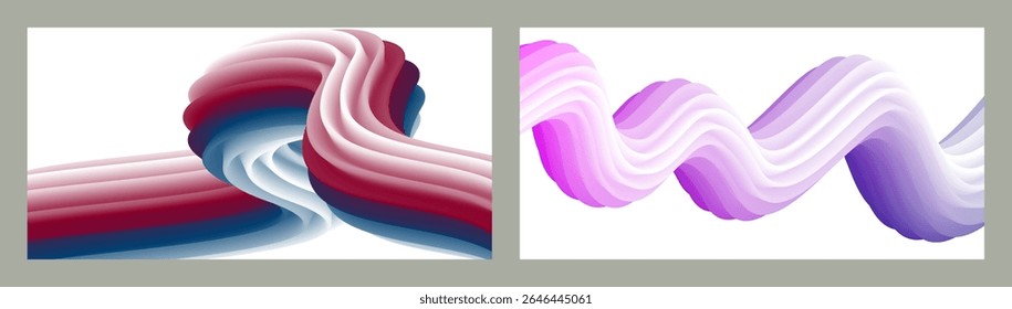 Fondo volumétrico brillante abstracto futurista. Ondas, líneas. Fondo moderno creativo. Conjunto de dos portadas. Diseño de la cubierta, Fondo de pantalla, Vector de fondo EPS