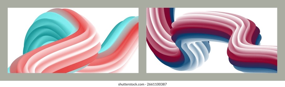 Fondo volumétrico brillante abstracto futurista. Ondas, líneas. Fondo moderno creativo. Conjunto de dos portadas. Diseño de la cubierta, Fondo de pantalla, Vector de fondo EPS