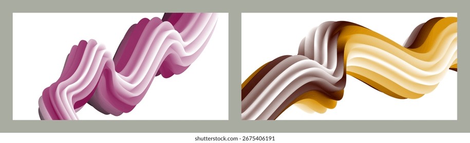 Fondo volumétrico brillante abstracto futurista. Ondas, líneas. Fondo moderno creativo. Conjunto de dos portadas. Diseño de la cubierta, Fondo de pantalla, Vector de fondo EPS