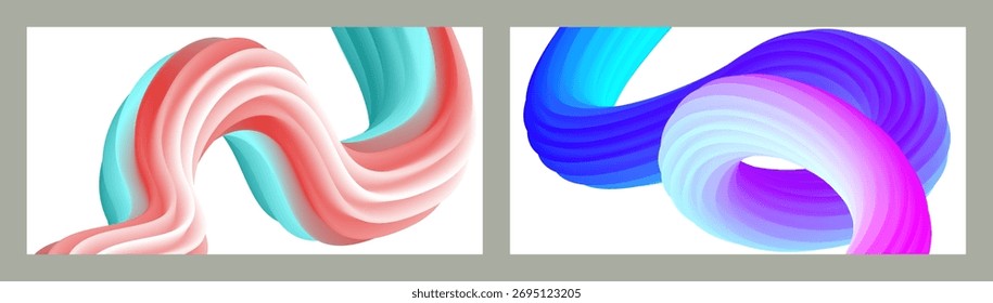 Fondo volumétrico brillante abstracto futurista. Ondas, líneas. Fondo moderno creativo. Conjunto de dos portadas. Diseño de la cubierta, Fondo de pantalla, Vector de fondo EPS