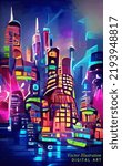 Futuristic abstract City. Neon style. Cyberpunk. Modern Digital illustration.Vector