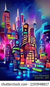 Futuristic abstract City. Neon style. Cyberpunk. Modern Digital illustration.Vector