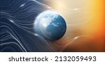 
Futuristic Abstract Colorful Modern Style Global Networks, Telecommunications Concept Design- Flowing Lines of 3D Digital Binary Code and Glowing Nodes on Earth Globe with Space and Starry Sky Around