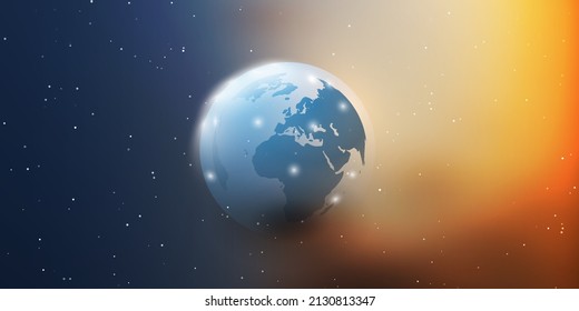 Futuristic Abstract Colorful Modern Style Global Networks, Telecommunications Concept Design with Glowing Nodes on Continents of Earth - Globe in the Bright Sunlight, Outer Space, Starry Sky Around 