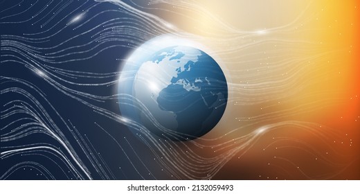 
Futuristic Abstract Colorful Modern Style Global Networks, Telecommunications Concept Design- Flowing Lines of 3D Digital Binary Code and Glowing Nodes on Earth Globe with Space and Starry Sky Around