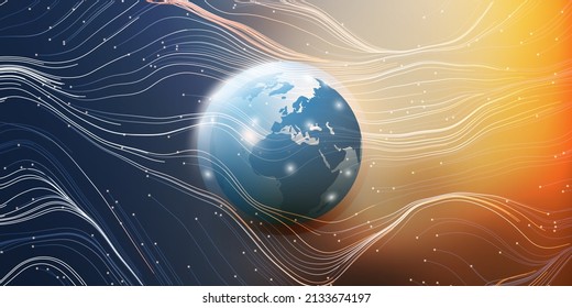 Futuristic Abstract Colorful Modern Style Global Networks, Telecommunications Concept Design with Glowing Nodes on a Sunlit Earth Globe in Space, Starry Sky and Flowing 3D Waves of Energy Around 