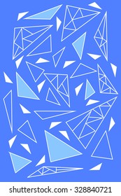 Futuristic abstract composition of geometric shapes, spread around in a rhythmic order on blue background. Vector illustration.