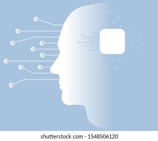 Futuristic abstract concept illustration of gradient head profile silhouette with a AI chip. Artificial Intelligence microchip, head and wires on bluish background. Vector EPS 10.